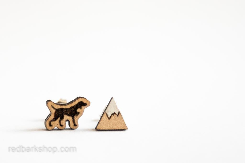 Dog and mountain wooden earring studs
