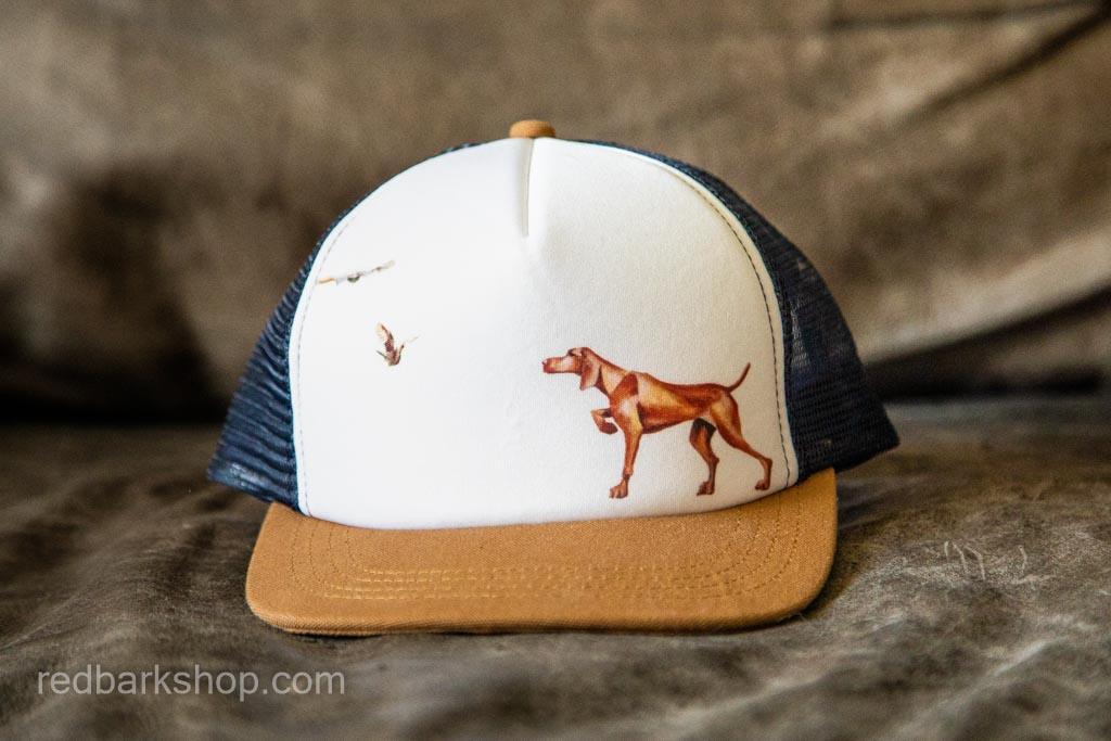 Red pointing vizsla with birds on baseball hat and mesh
