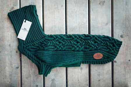 Dark turquoise dog sweater with cabling
