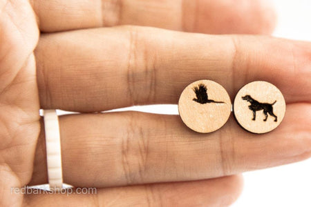 pointing dog and bird wooden earring studs
