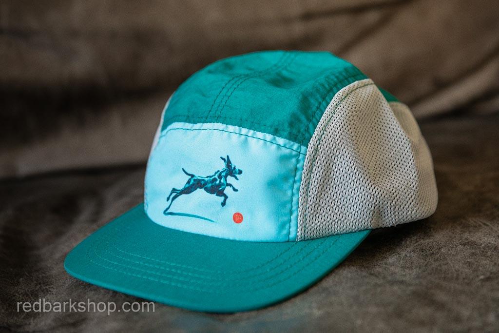 Running dog hat in turquoise and grey mesh