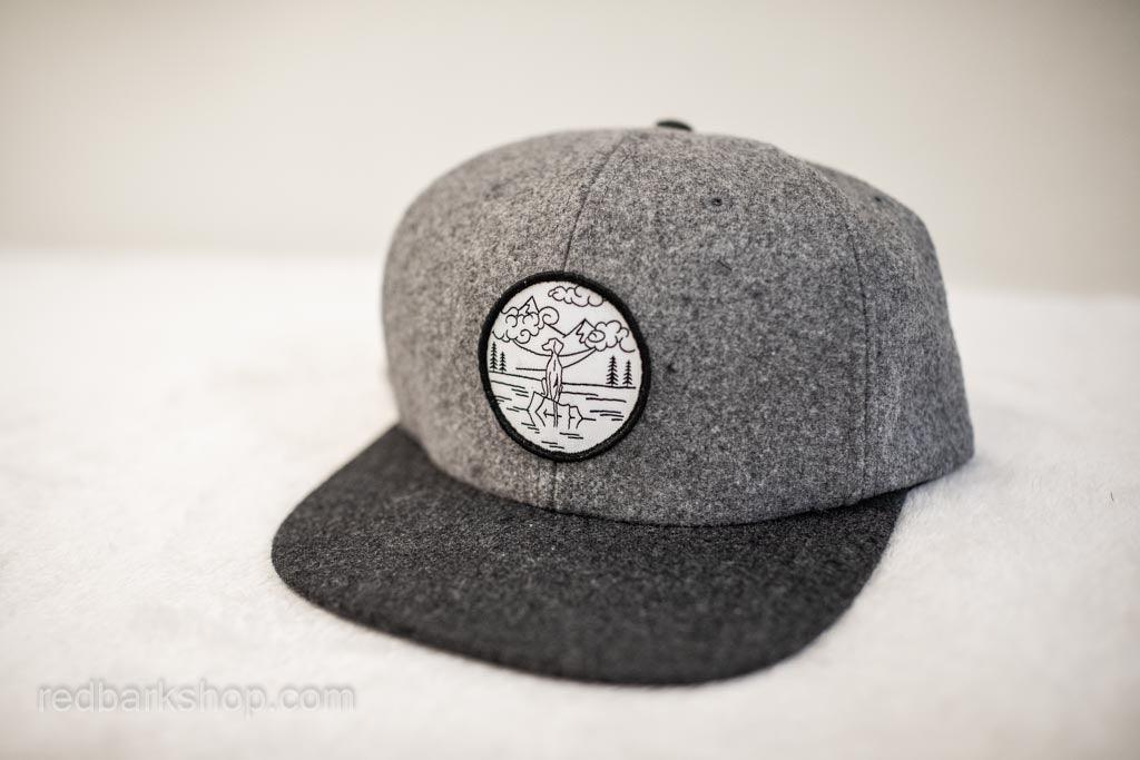 grey melton wool hat with white patch and dog details