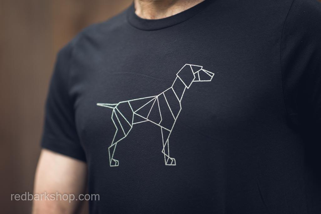 Closeup detailing of black Tshirt featuring geometric simple dog design