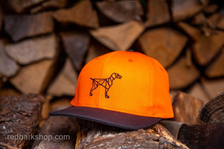 Side view of Blaze orange hunting dog hat for pointing dog lovers for field trials