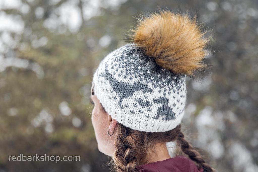 Hand-knitted white and grey pointer dog beanies and toque with pompom