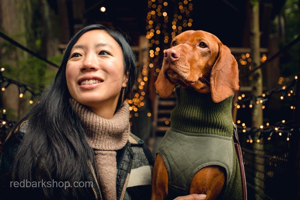 Vizsla dog at capilano canyon lights festival with asian girl