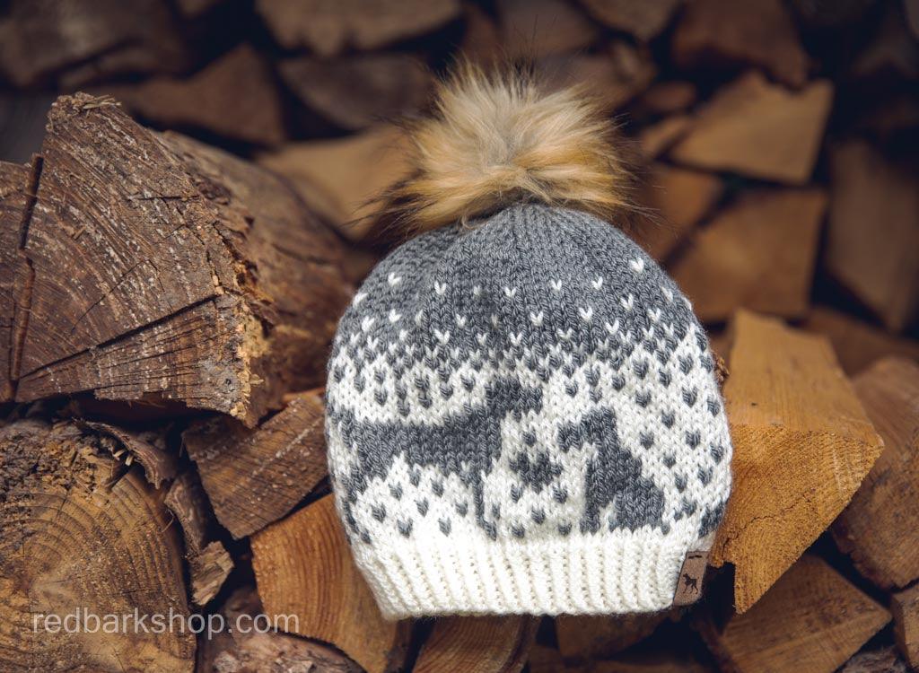 Hand-knitted pointer dog beanies and toque grey and white with pompom