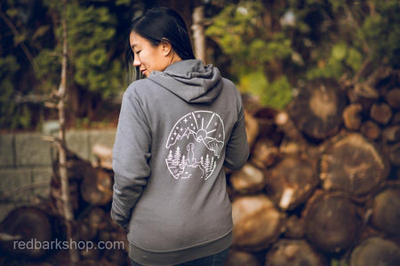 back of grey adventure trail dog hoodie with white silkscreen detailing