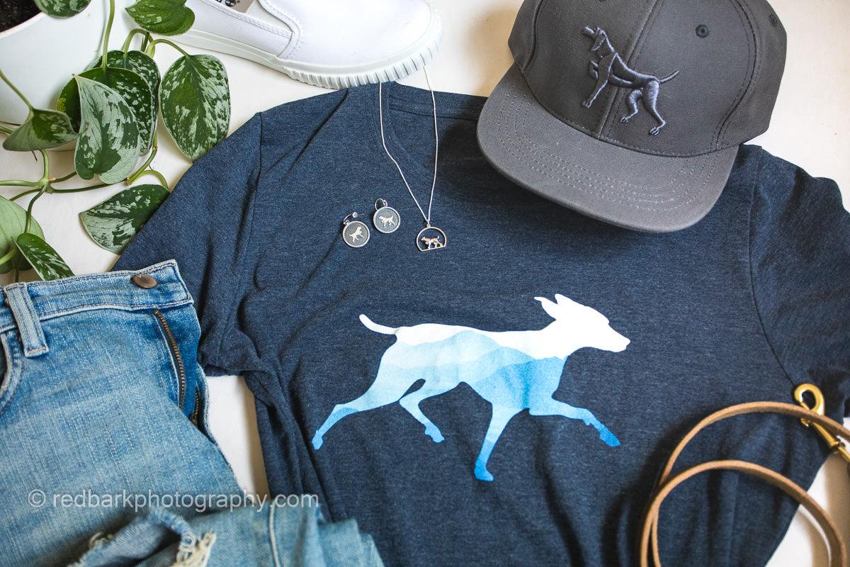 Mountain Dog Womens Tshirt with Pointer hat and pointing dog earrings