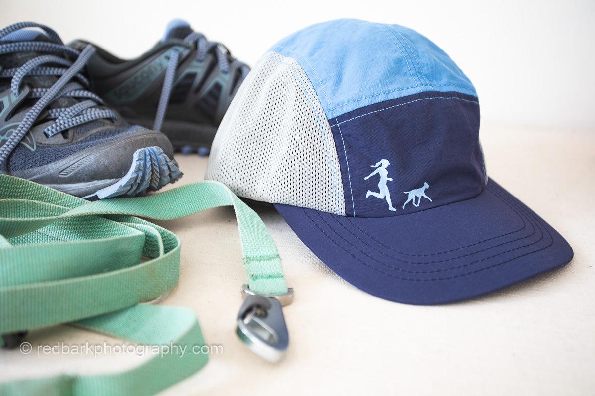 Blue Running with Dogs hat with shoes and dog leash